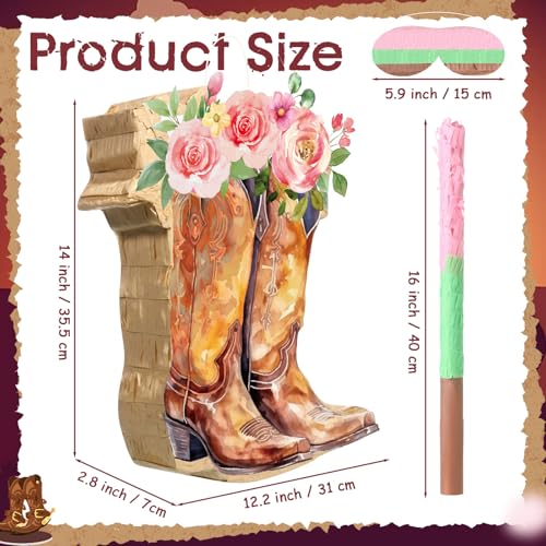 Pajean Cowgirl Boot Piata Set Cute Western Piata with Stick Blindfold Photo Prop Gift Holder for Girls Kids Bridal Shower Birthday Baby Shower Horse Racing Party Decoration Supplies - Image 5