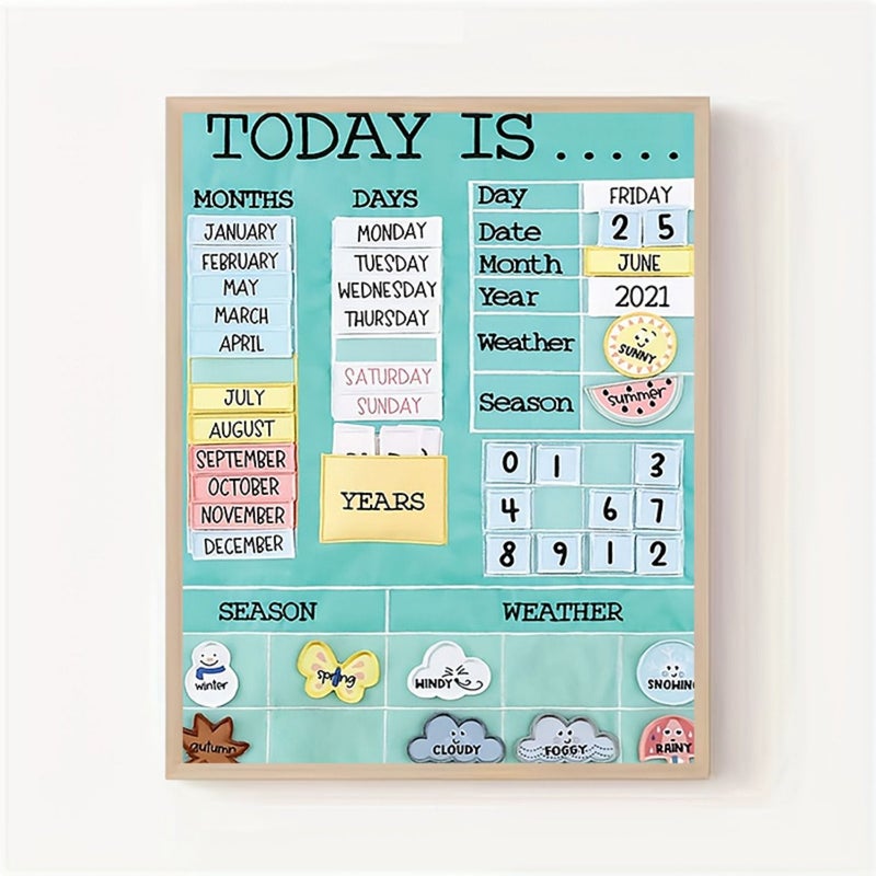 2D Flat Interactive Learning Calendar Wall Chart 40x60cm 16x24 Inch No Frame Durable Canvas Educational Chart for Home Classroom Decor Color Coded Monthly Day Display with Weather Icons Activity Board - Image 1