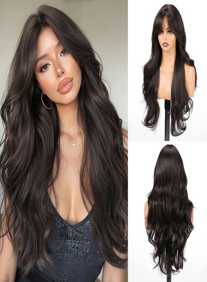 Allbell Black Wigs for Women, 28 Inch Long Curly Synthetic Hair Wig with Curtain Bangs for Daily Use - Image 1