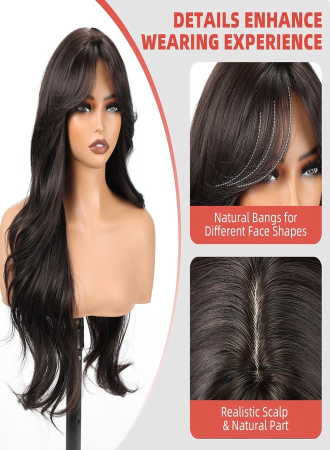 Allbell Black Wigs for Women, 28 Inch Long Curly Synthetic Hair Wig with Curtain Bangs for Daily Use - Image 3