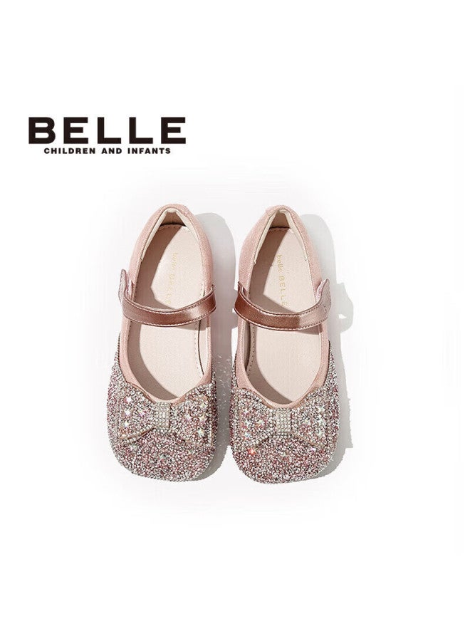 Belle Children's Shoes, Girls' Leather Shoes, Princess Shoes, Little Girls' Crystal Shoes, Spring And Autumn Flats, Performance Shoes, Pink, Size 27 - Image 3