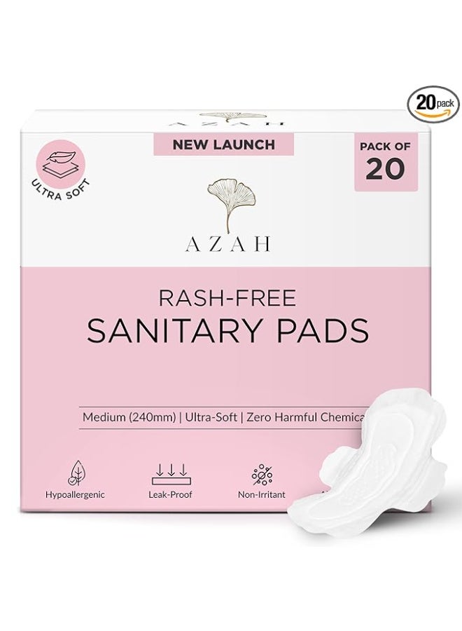 AZAH Sanitary Pads for Women [Pack of 20] | 240 MM Sanitary Napkins | 100% Rash-Free | 3x More Absorption, Cottony Soft and Dry Top Cover for heavy Flow | Toxin Free, Locks Odour, Leak-Proof - Image 1