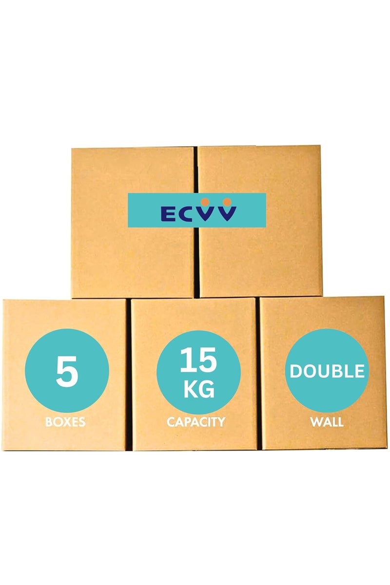 ECVV 5 Pack Small Double Wall 100% Recyclable Corrugated Cardboard Moving Boxes with 15 KG Capacity | 41 x 33 x 33 cm | Brown Carton Boxes for Packaging, Shipping and Storage, 5 ply | Brown - Image 1