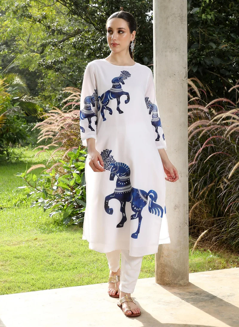 QISSA Women's Chariot-Block Kurta Set For Ethnic Wear | Round Neck, Quarter Regular Sleeves | Graphic Print Plain Woven Fabric | 2 Piece Kurta Set Designed For Casual & Daily Wear | Navy Blue