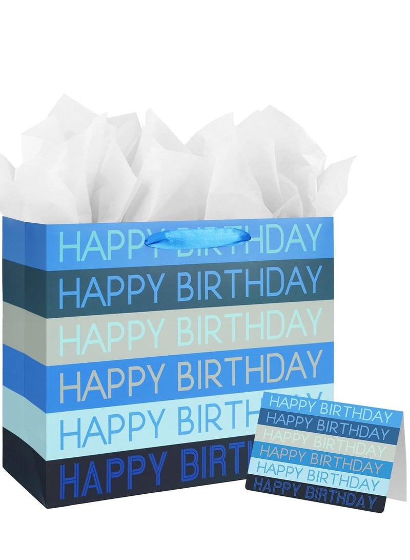 CUNUUDOOL Gift Bag For Birthday, Blue Black Happy Birthday Paper Gift Bag With Handles, Gift Bag With Tissue Paper And Card For Birthday Party Presents, Party Favors & Return Gifts. - Image 1