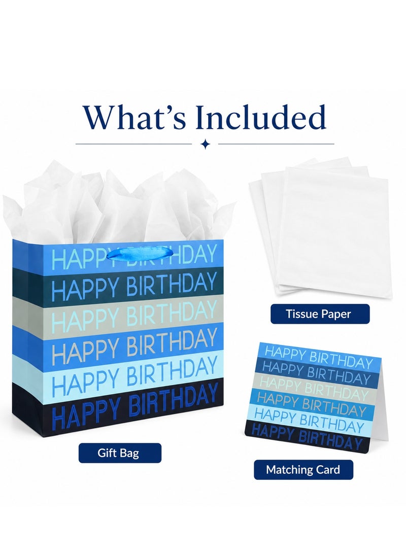 CUNUUDOOL Gift Bag For Birthday, Blue Black Happy Birthday Paper Gift Bag With Handles, Gift Bag With Tissue Paper And Card For Birthday Party Presents, Party Favors & Return Gifts. - Image 2