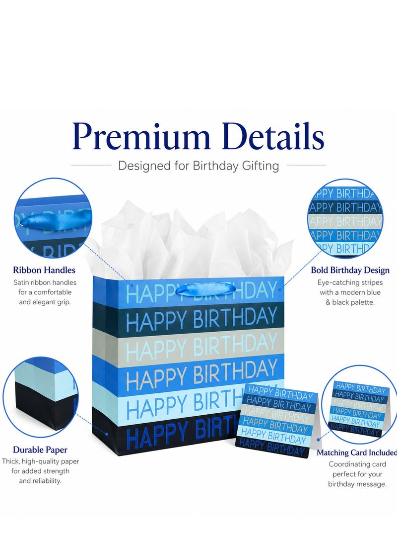 CUNUUDOOL Gift Bag For Birthday, Blue Black Happy Birthday Paper Gift Bag With Handles, Gift Bag With Tissue Paper And Card For Birthday Party Presents, Party Favors & Return Gifts. - Image 3