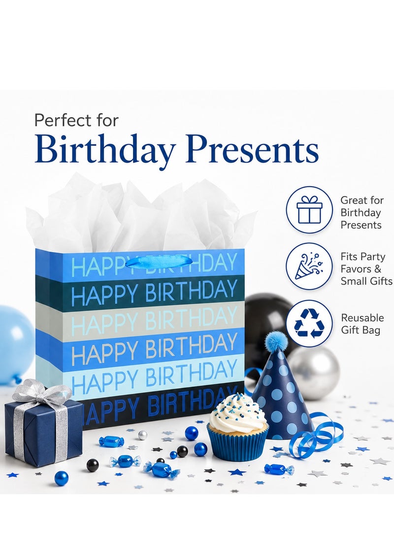 CUNUUDOOL Gift Bag For Birthday, Blue Black Happy Birthday Paper Gift Bag With Handles, Gift Bag With Tissue Paper And Card For Birthday Party Presents, Party Favors & Return Gifts. - Image 4