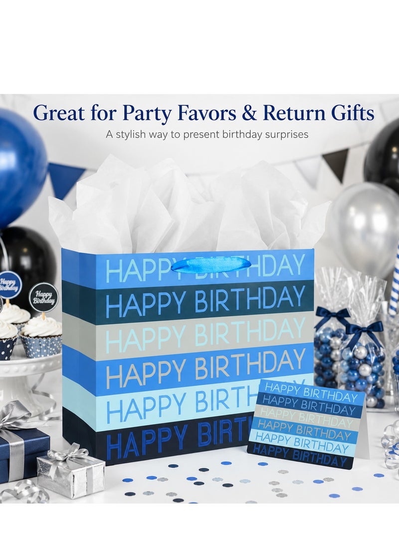CUNUUDOOL Gift Bag For Birthday, Blue Black Happy Birthday Paper Gift Bag With Handles, Gift Bag With Tissue Paper And Card For Birthday Party Presents, Party Favors & Return Gifts. - Image 5