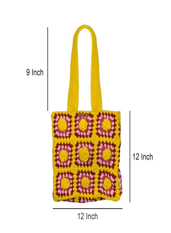 Sutra Handmade Wool Crochet Yellow Pink Floral Tote Bag | Boho Shoulder Purse | Eco-Friendly Reusable Tote Bag | Summer Beach Handbag for Women Girls - Image 2