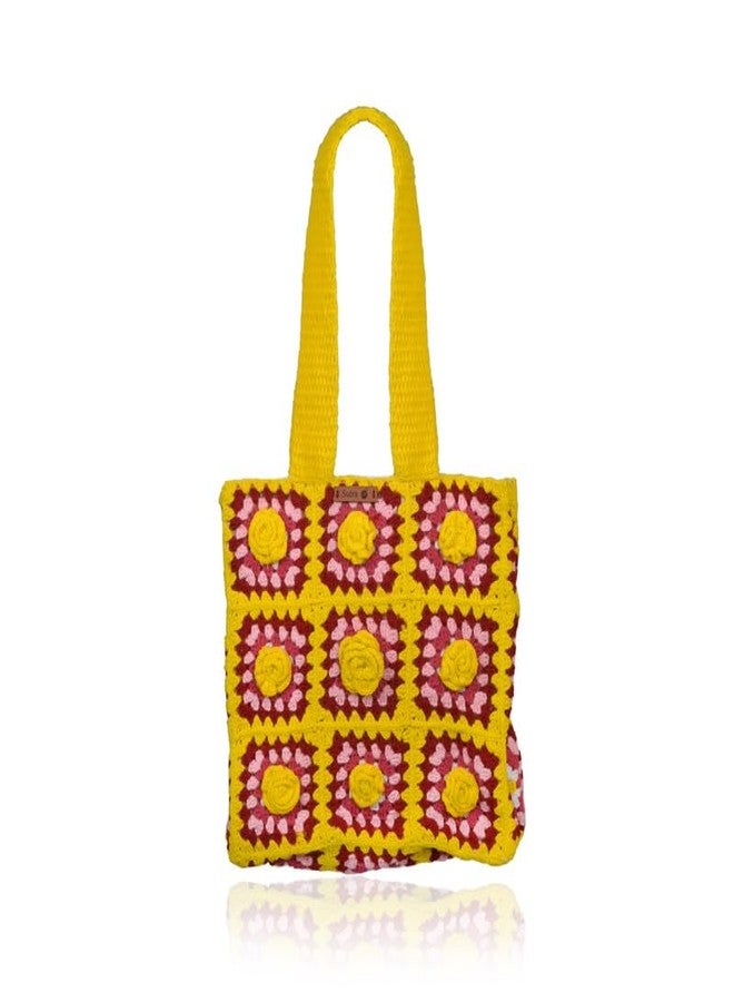 Sutra Handmade Wool Crochet Yellow Pink Floral Tote Bag | Boho Shoulder Purse | Eco-Friendly Reusable Tote Bag | Summer Beach Handbag for Women Girls - Image 1