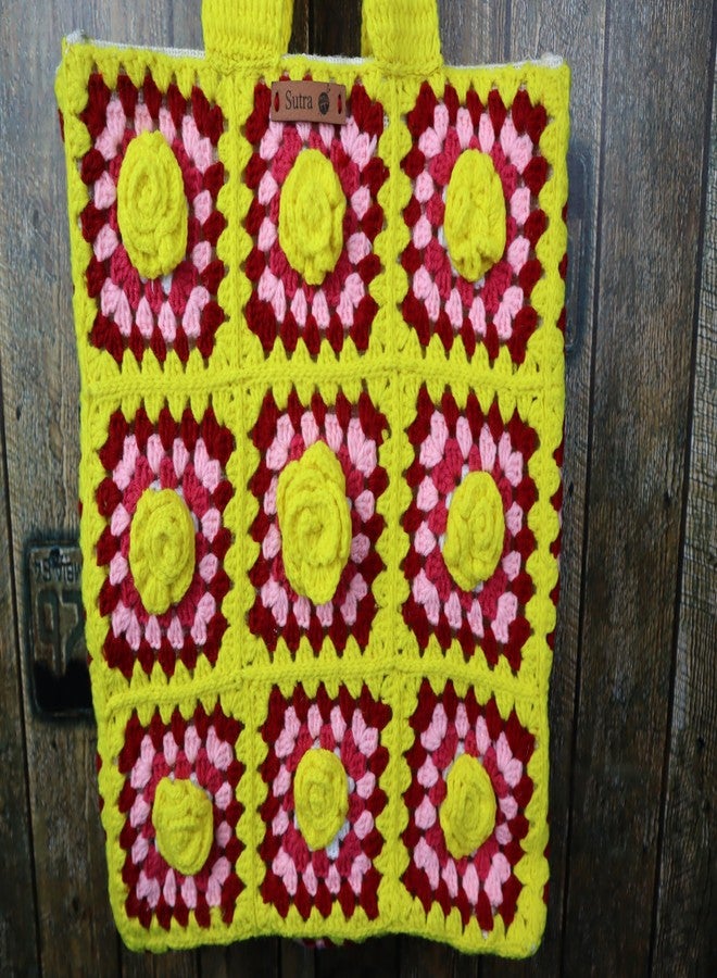 Sutra Handmade Wool Crochet Yellow Pink Floral Tote Bag | Boho Shoulder Purse | Eco-Friendly Reusable Tote Bag | Summer Beach Handbag for Women Girls - Image 3