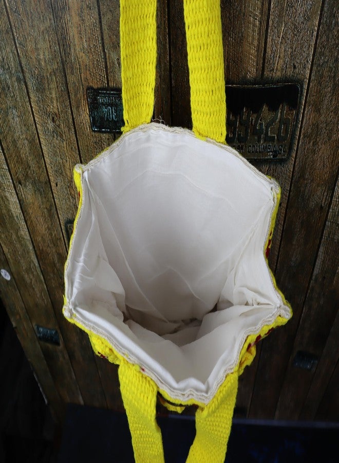 Sutra Handmade Wool Crochet Yellow Pink Floral Tote Bag | Boho Shoulder Purse | Eco-Friendly Reusable Tote Bag | Summer Beach Handbag for Women Girls - Image 5