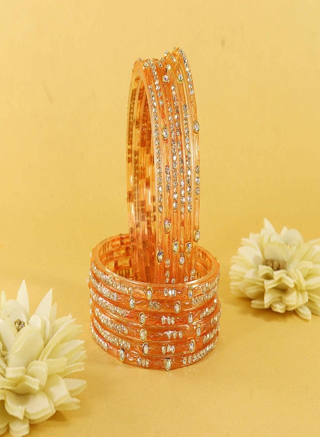 LAVAZZA Latest Glass Bangles Set with Golden Zircon Diamond & Beads Work For Women & Girls | Chudiyan | Daily Bangles Glass | pearls Bangles-(AB6-Basanti-Peach-2.4) - Image 3
