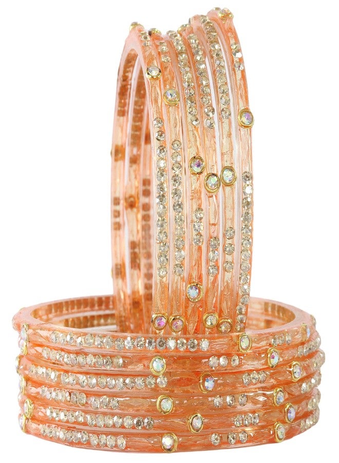 LAVAZZA Latest Glass Bangles Set with Golden Zircon Diamond & Beads Work For Women & Girls | Chudiyan | Daily Bangles Glass | pearls Bangles-(AB6-Basanti-Peach-2.4) - Image 1