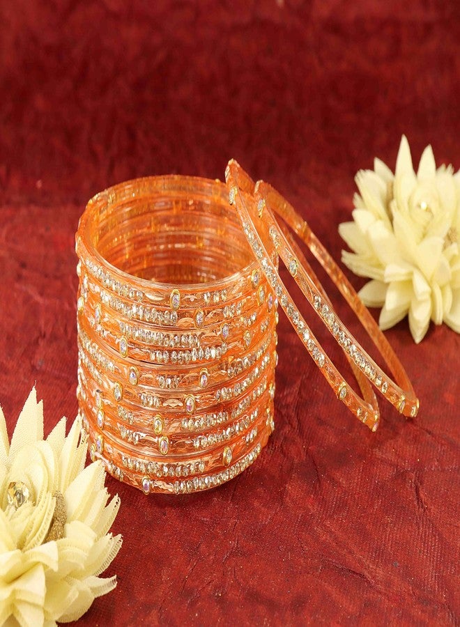 LAVAZZA Latest Glass Bangles Set with Golden Zircon Diamond & Beads Work For Women & Girls | Chudiyan | Daily Bangles Glass | pearls Bangles-(AB6-Basanti-Peach-2.4) - Image 2