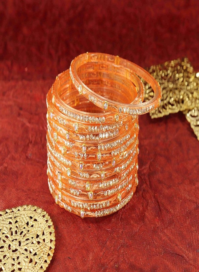LAVAZZA Latest Glass Bangles Set with Golden Zircon Diamond & Beads Work For Women & Girls | Chudiyan | Daily Bangles Glass | pearls Bangles-(AB6-Basanti-Peach-2.4) - Image 4