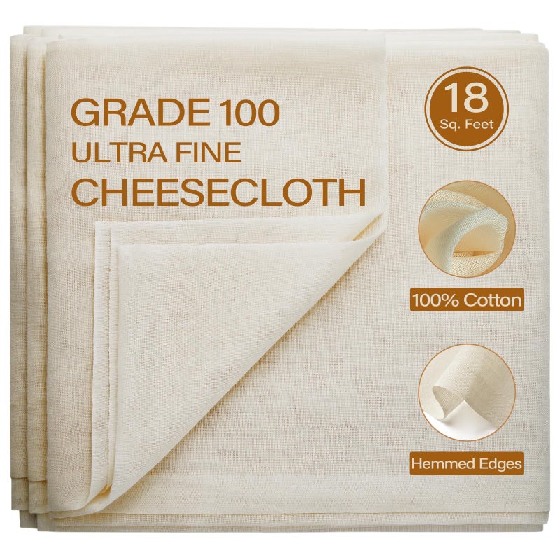 eFond Cheesecloth 18 Square Feet Grade 100 Cheese Cloths for Straining Reusable Washable Lint Free and Ultra Fine Mesh Unbleached Pure Cotton Muslin Cloths for Cooking with Hemmed 2 Edges 2 Yards