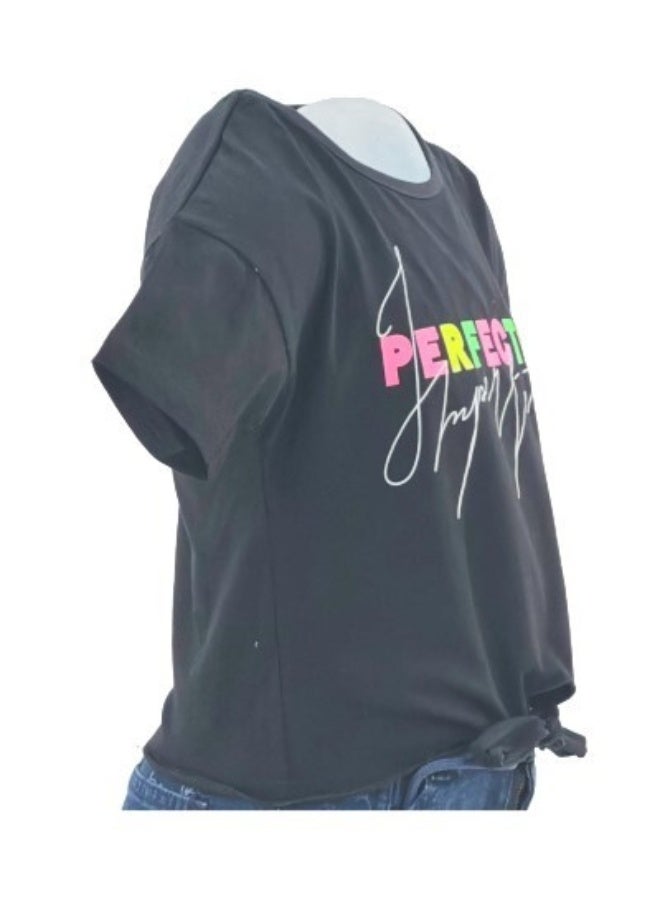 JOANNA JOANNA 23KY364B Girl's Front Tie With Perfectly Imperfect Print Round Neck Short Sleeve T-Shirt - Black - Image 2