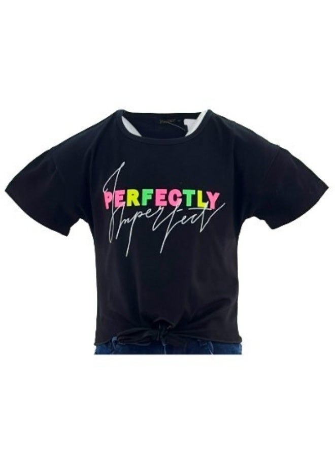 JOANNA JOANNA 23KY364B Girl's Front Tie With Perfectly Imperfect Print Round Neck Short Sleeve T-Shirt - Black - Image 1