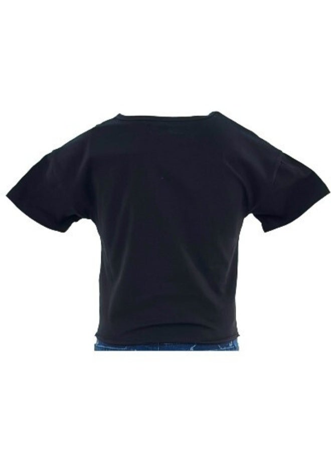 JOANNA JOANNA 23KY364B Girl's Front Tie With Perfectly Imperfect Print Round Neck Short Sleeve T-Shirt - Black - Image 3