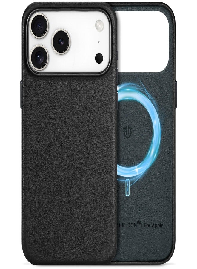 شيلدون جراب SHIELDON من الجلد الطبيعي لهاتف iPhone 17 Pro Max بشاشة 6.9 بوصة، يدعم شبكة الجيل الخامس 2025، شحن لاسلكي مغناطيسي، تصميم نحيف، أزرار معدنية، مقاوم للانزلاق والخدوش والصدمات - أسود - Image 1
