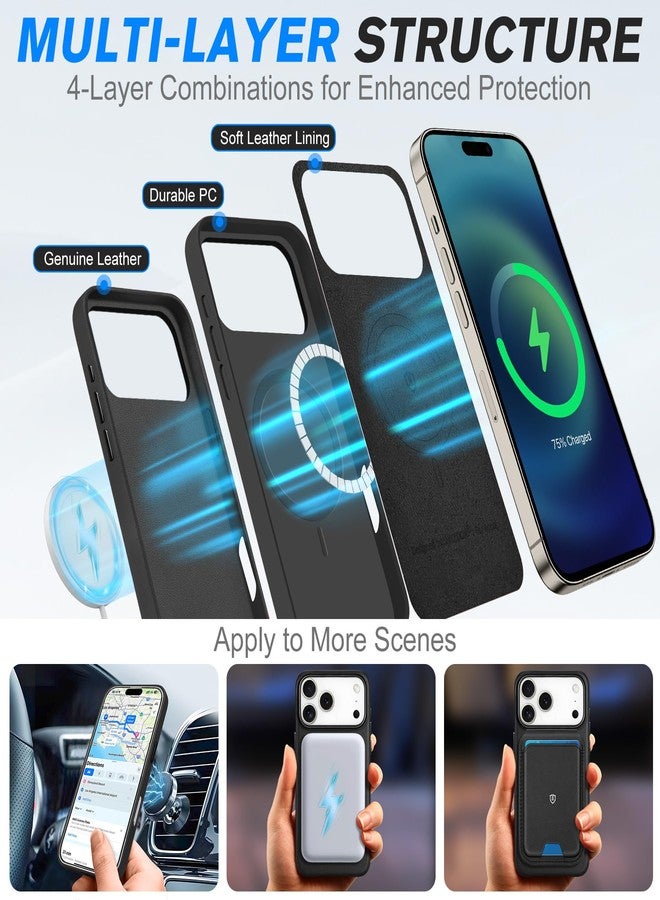 شيلدون جراب SHIELDON من الجلد الطبيعي لهاتف iPhone 17 Pro Max بشاشة 6.9 بوصة، يدعم شبكة الجيل الخامس 2025، شحن لاسلكي مغناطيسي، تصميم نحيف، أزرار معدنية، مقاوم للانزلاق والخدوش والصدمات - أسود - Image 4