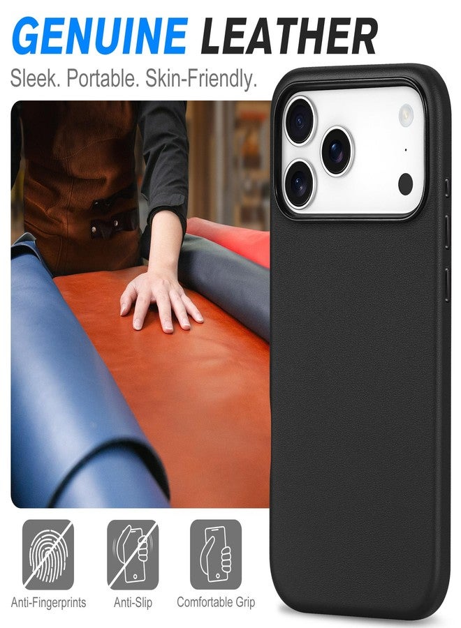 شيلدون جراب SHIELDON من الجلد الطبيعي لهاتف iPhone 17 Pro Max بشاشة 6.9 بوصة، يدعم شبكة الجيل الخامس 2025، شحن لاسلكي مغناطيسي، تصميم نحيف، أزرار معدنية، مقاوم للانزلاق والخدوش والصدمات - أسود - Image 3