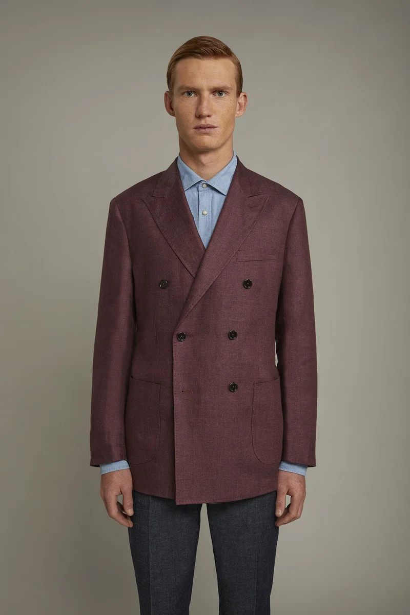 Men's unlined double-breasted blazer, patch pockets 100% linen regular fit - Bordeaux