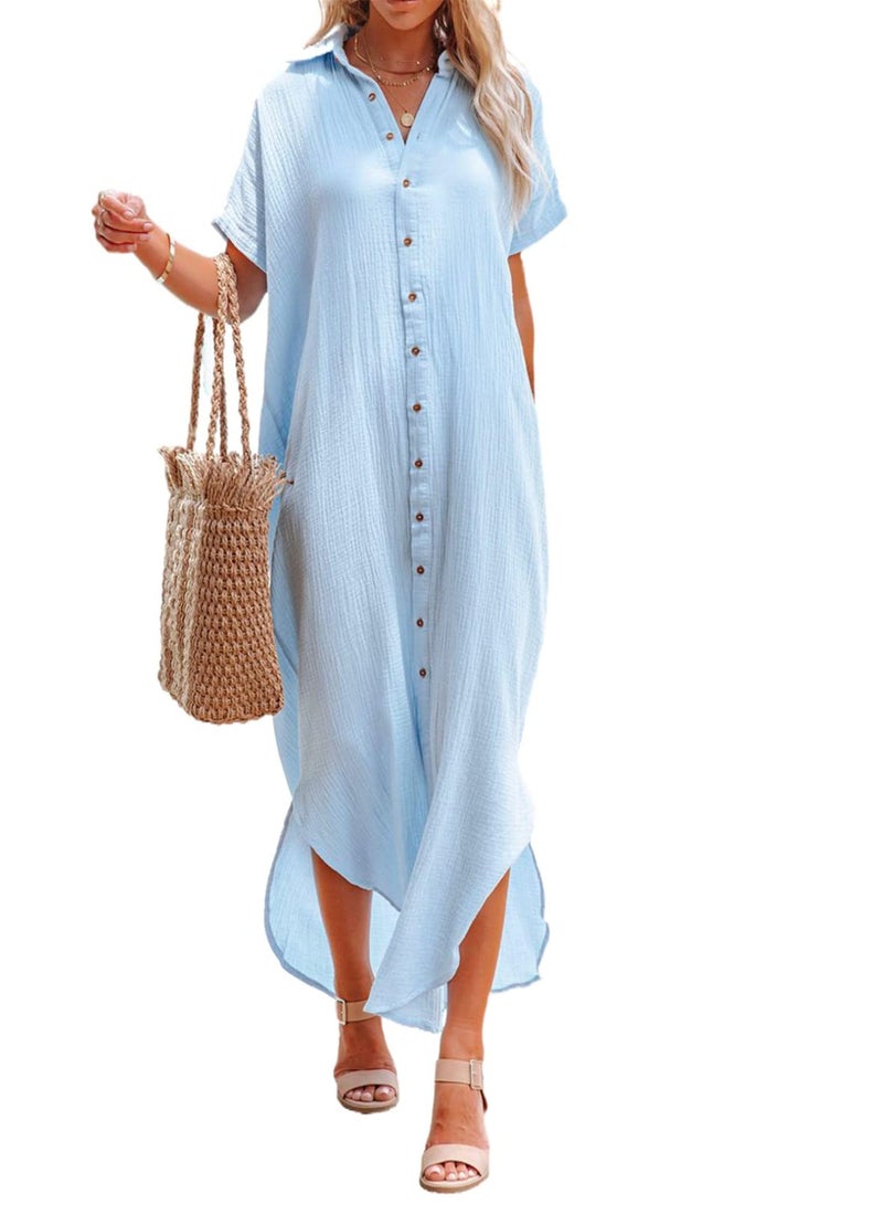Dokotoo Swimsuit Coverups Summer Dresses for Women 2026 Vacation Button Down Long Kimonos Cardigan Beach Short Sleeve Side Split Casual Solid Loose Bathing Suit Cover Ups for Swimwear Sky Blue L - Image 1