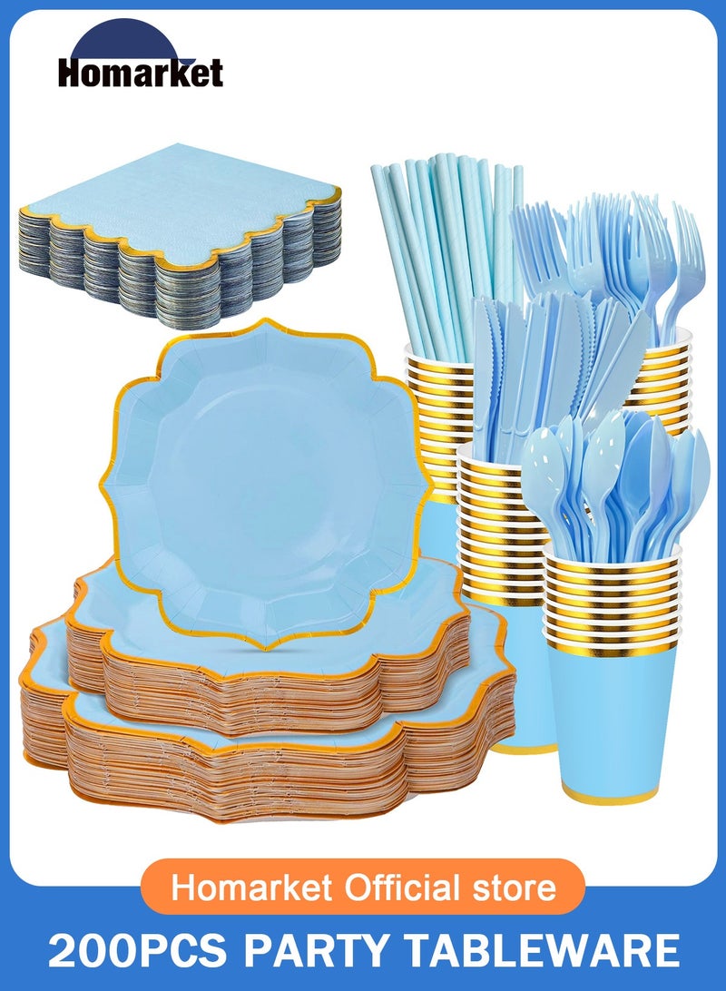 هومار كيت 200 قطعة ورق ورق مناديل، 25 من مستلزمات حفل الضيوف أدوات المائدة بما في ذلك الأطباق المقشورة كأس المناديل الورقية سكين شوكة ملعقة بلاستيكي للحفلة، زفاف، - Image 1