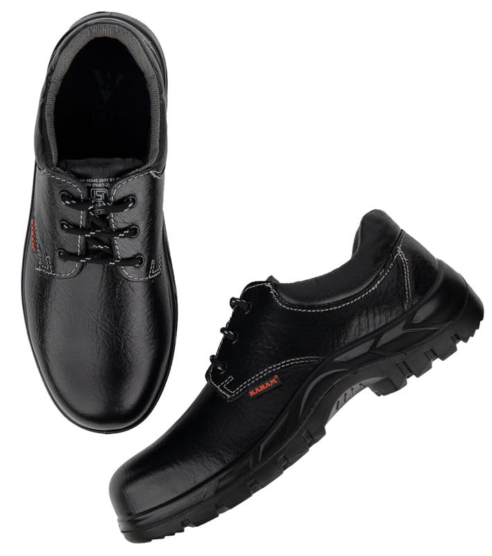Karam FS02 Black Leather Safety Shoes for Men | Single Density with Steel Toe | Antistatic, Antislip, Oil & Heat Resistant | Size-09 - Image 5