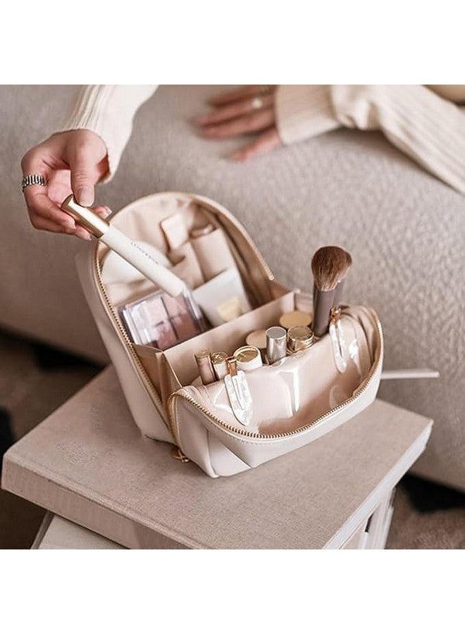واقف حقيبة مكياج فاخرة من واكيف، حقيبة مستحضرات تجميل صغيرة للسفر، حقيبة أدوات تجميل جلدية مقاومة للماء مع مقبض وسحاب وحجرات، حقيبة أدوات مكياج صغيرة محمولة، لمستحضرات التجميل وأدوات الزينة - Image 5