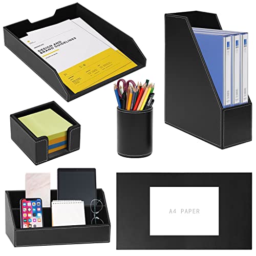 RHCSZ 6 Piece Office Supplies/Desk Organizer Set with Desktop Leather Writing Pad,File Paper Tray,Magazine folder Holder, Pen Cup,Sticky Note Holder,Letter Mail Sorter,Workspace Decor for Women Men Black - Image 1
