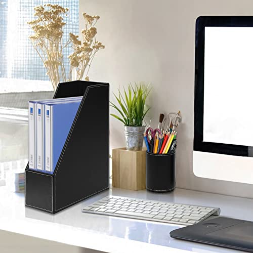 RHCSZ 6 Piece Office Supplies/Desk Organizer Set with Desktop Leather Writing Pad,File Paper Tray,Magazine folder Holder, Pen Cup,Sticky Note Holder,Letter Mail Sorter,Workspace Decor for Women Men Black - Image 3