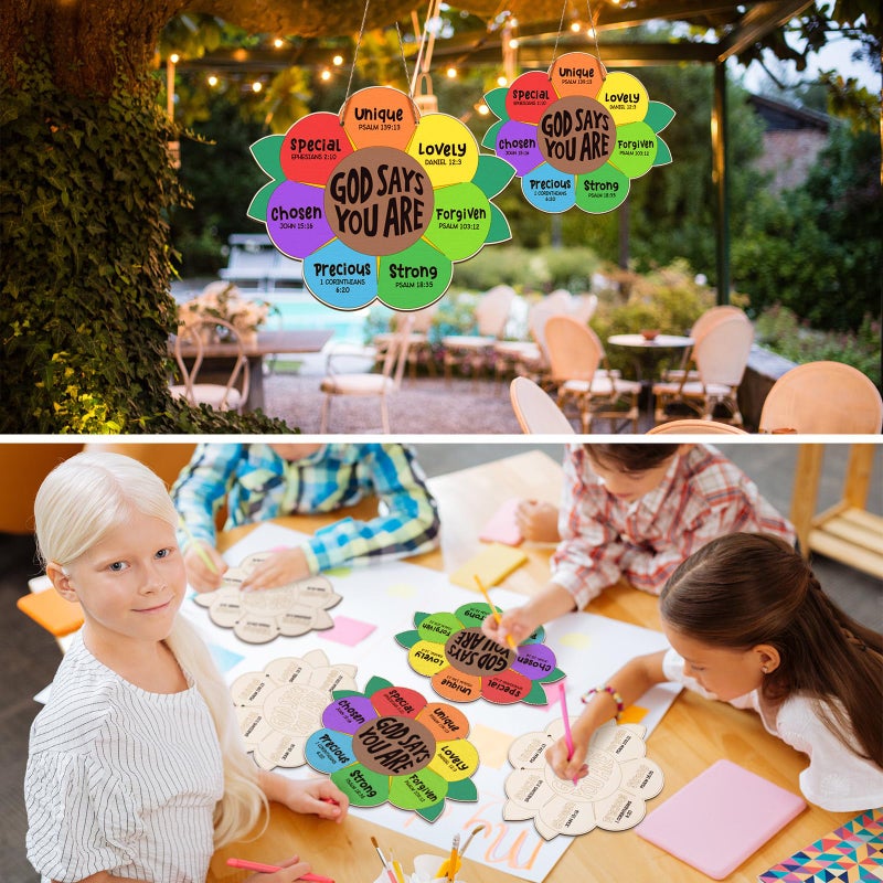 Anglechic 12 Sets Sunday School Craft For Kids God Says You Are Sunflower Craft Christian Wooden Painting Diy Activities Religious Bible Sunflower Gifts With String For Sunday School Church Home - Image 3