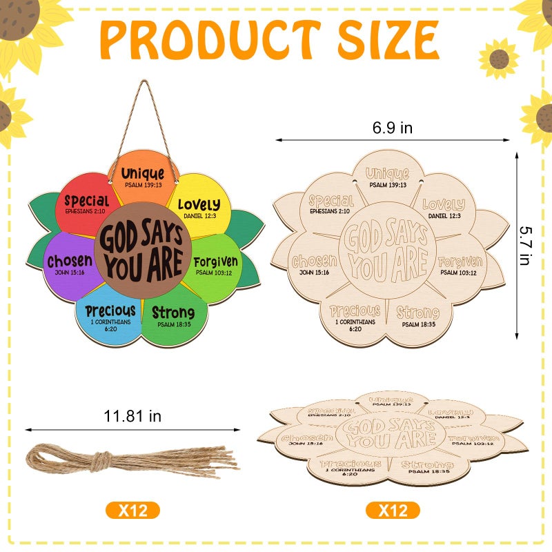 Anglechic 12 Sets Sunday School Craft For Kids God Says You Are Sunflower Craft Christian Wooden Painting Diy Activities Religious Bible Sunflower Gifts With String For Sunday School Church Home - Image 2