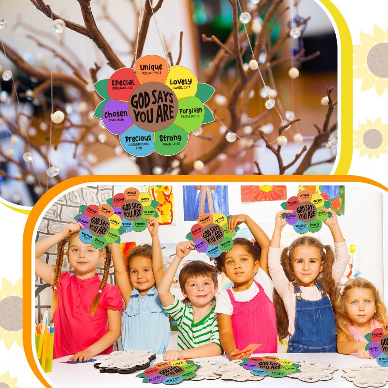 Anglechic 12 Sets Sunday School Craft For Kids God Says You Are Sunflower Craft Christian Wooden Painting Diy Activities Religious Bible Sunflower Gifts With String For Sunday School Church Home - Image 4