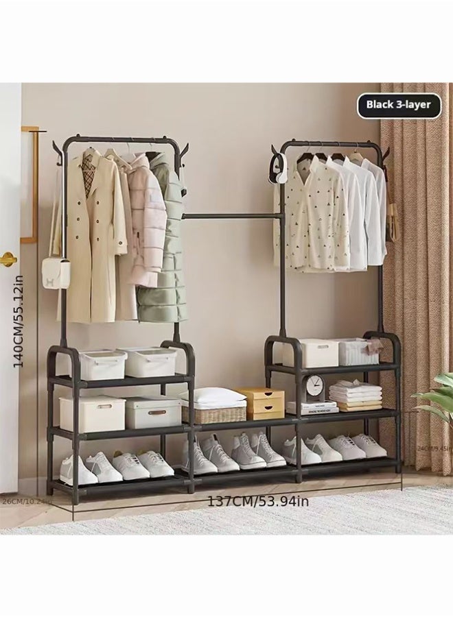 BLOOMING TIME 3-Row Multi-Functional Clothes Drying Rack, Floor-Standing Household Indoor Bedroom Student Clothes Drying Pole, Simple Hanging Rack, Coat and Hat Rack, Bottom Layer Shoe Rack, Multi-Tier Shoe Rack, Clothes Rack, Coat Rack - Image 4