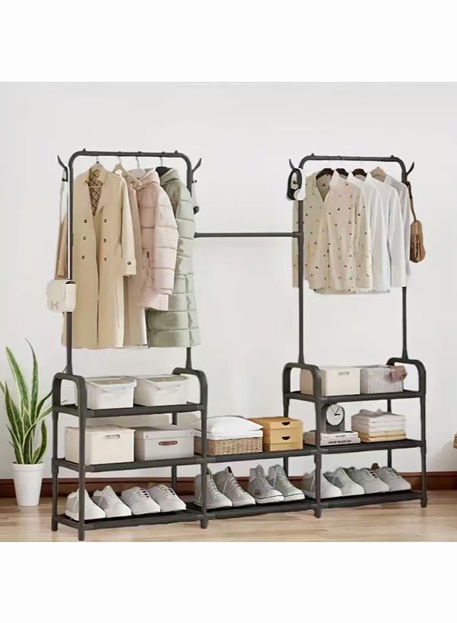 BLOOMING TIME 3-Row Multi-Functional Clothes Drying Rack, Floor-Standing Household Indoor Bedroom Student Clothes Drying Pole, Simple Hanging Rack, Coat and Hat Rack, Bottom Layer Shoe Rack, Multi-Tier Shoe Rack, Clothes Rack, Coat Rack - Image 1