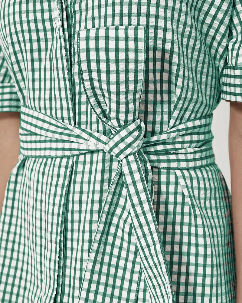 YEXPINE Women's Half Sleeve Plaid Midi Dress Collar V Neck Belted Casual Button Down Long Loose Dress Green - Image 2