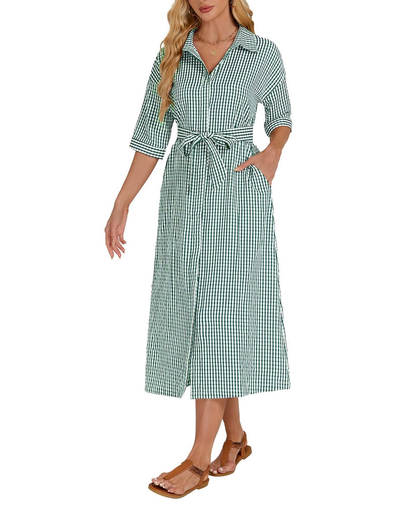 YEXPINE Women's Half Sleeve Plaid Midi Dress Collar V Neck Belted Casual Button Down Long Loose Dress Green - Image 1