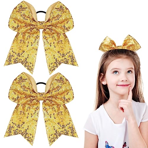 WILLBOND 2 Packs Jumbo Cheerleading Bow 8 Inch Large Cheer Hair Bows with Ponytail Holder for Teen Girls Softball Outfit Uniform(Sequin Gold) - Image 1