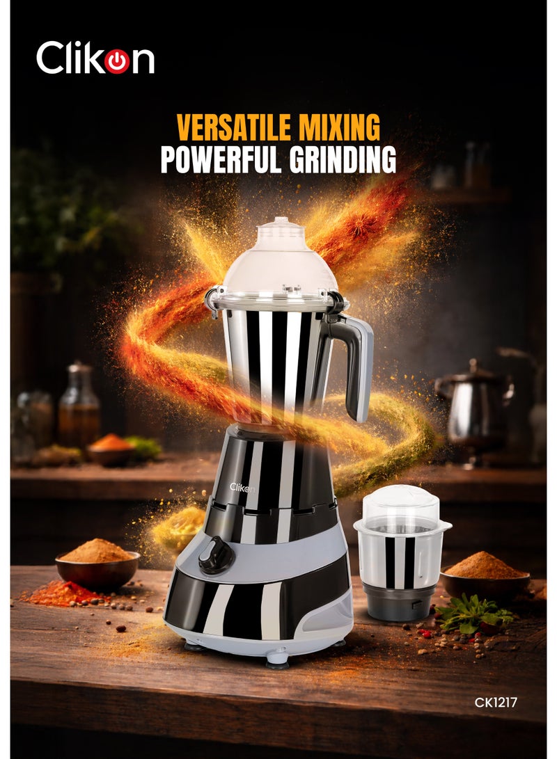Clikon 2-in-1 Mixer Grinder – Indian Style Food Processor with 2 Stainless Steel Jars, Detachable Razor-Sharp Blades, 3-Speed Control & Overload Protection – Durable ABS Body 1.25 L 550 W CK1217 Black/Grey - Image 2