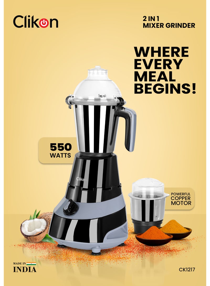 Clikon 2-in-1 Mixer Grinder – Indian Style Food Processor with 2 Stainless Steel Jars, Detachable Razor-Sharp Blades, 3-Speed Control & Overload Protection – Durable ABS Body 1.25 L 550 W CK1217 Black/Grey - Image 1