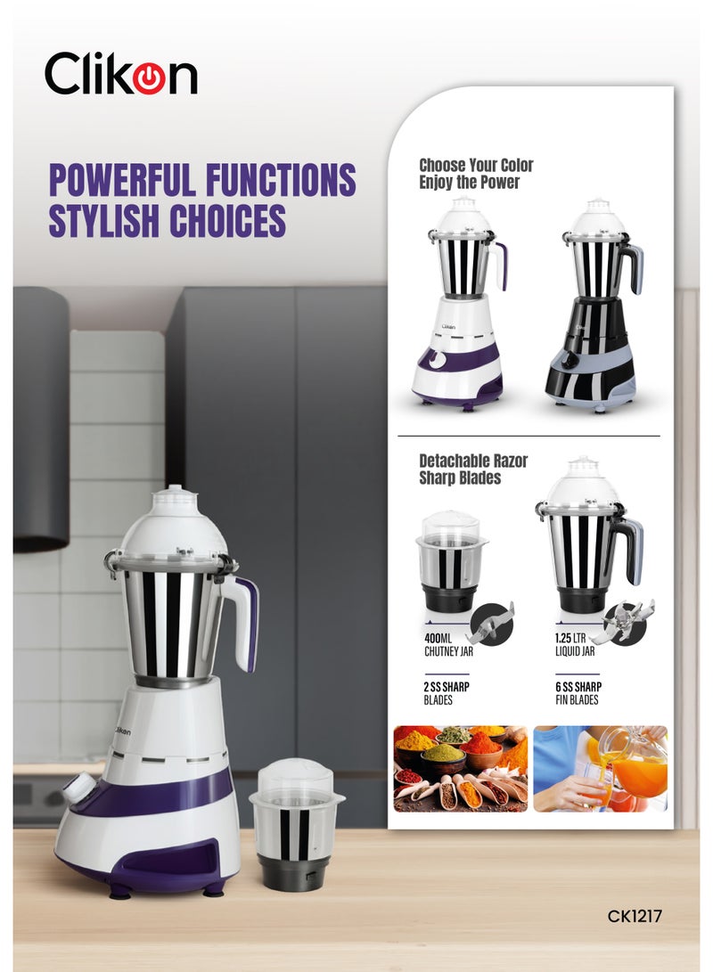Clikon 2-in-1 Mixer Grinder – Indian Style Food Processor with 2 Stainless Steel Jars, Detachable Razor-Sharp Blades, 3-Speed Control & Overload Protection – Durable ABS Body 1.25 L 550 W CK1217 Black/Grey - Image 4