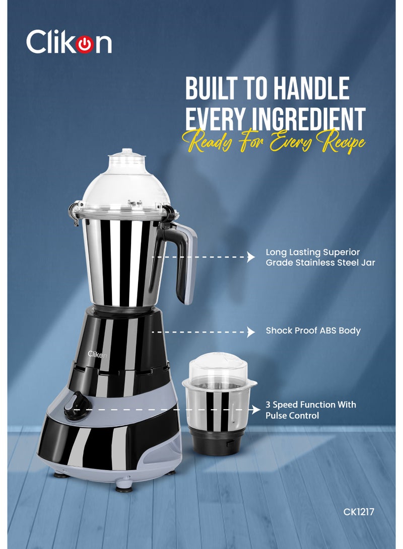 Clikon 2-in-1 Mixer Grinder – Indian Style Food Processor with 2 Stainless Steel Jars, Detachable Razor-Sharp Blades, 3-Speed Control & Overload Protection – Durable ABS Body 1.25 L 550 W CK1217 Black/Grey - Image 3