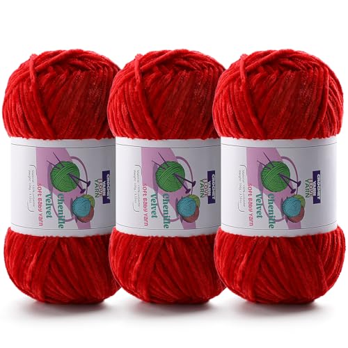 DAERBOF 3 Skeins Soft Fluffy Velvet Yarn, Chenille Chunky Yarn for Hand Knitting and Crocheting DIY Craft, Amigurumi Crochet Yarn（3×196.8yds, 3×3.5oz） (Big Red) - Image 1