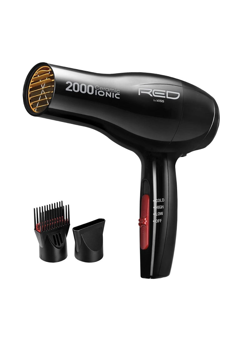 Red by Kiss RED by Kiss Hair Dryer Ionic Hair Blow Dryer  Ceramic Technology AntiFrizz 3 Heat Settings Lightweight 2 Detangler Piks 