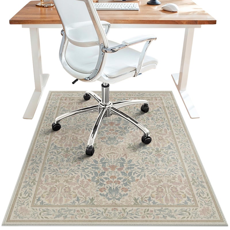 BESBLEE 48"x60" Office Chair Mat for Hardwood Tile Floor, Under Desk Carpet Protector for Rolling Computer Chair Mat, Machine Washable Area Rug, Anti-Slip 1/5" Thick Low Pile Thin Vinyl Floor Mat, Beige Pink - Image 1